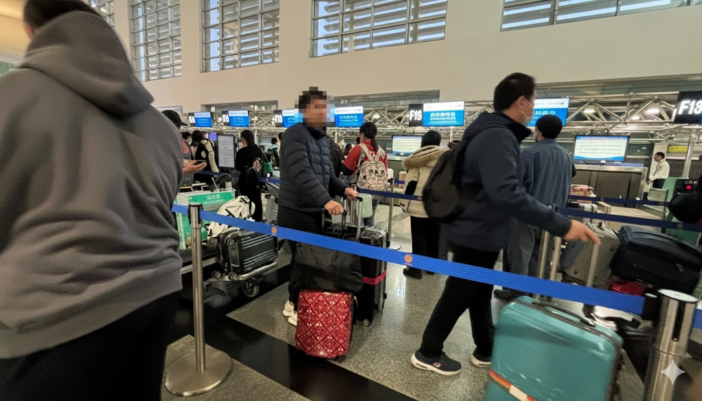 ①：チェックインカウンターが大行列